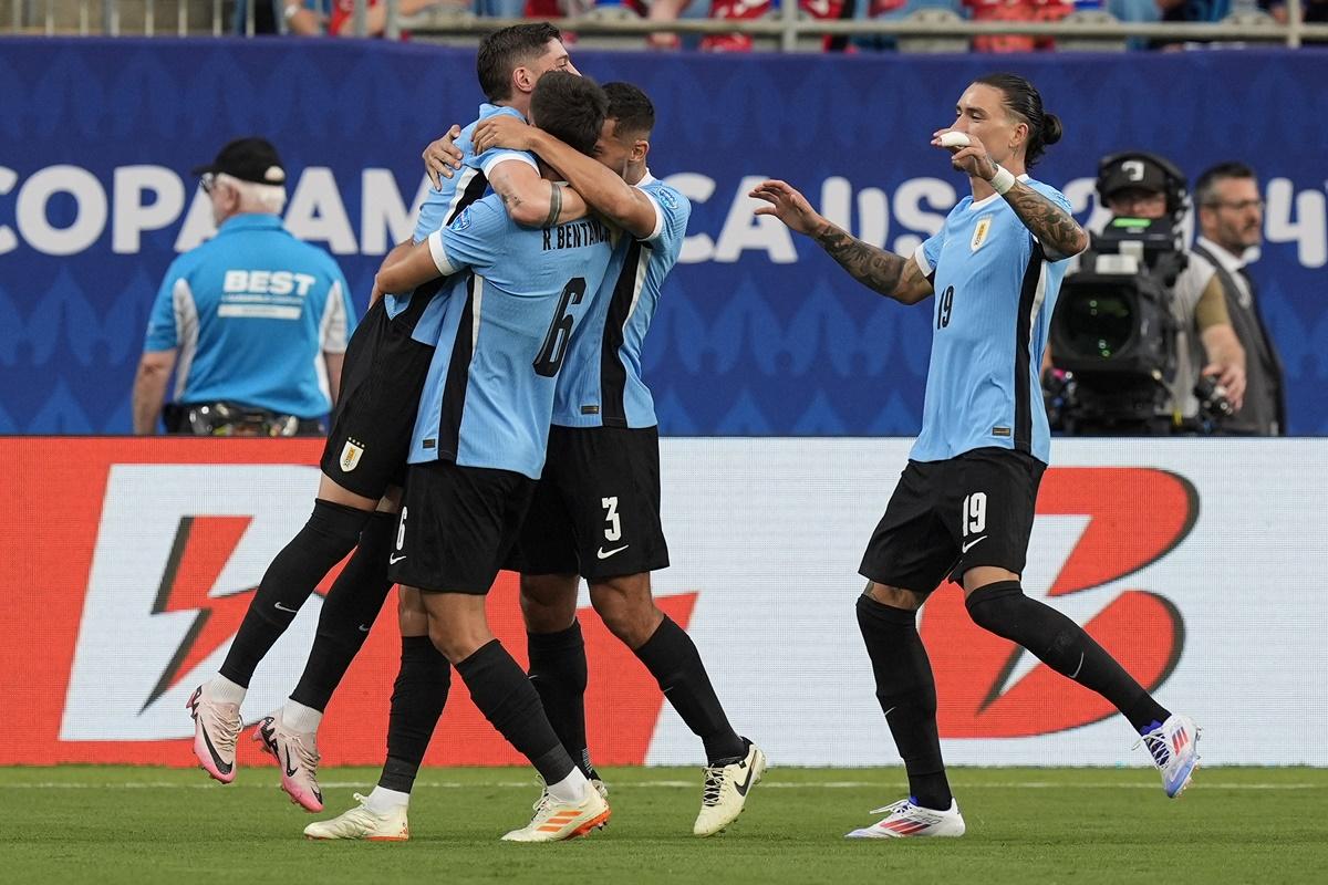 Midfielder Rodrigo Bentancur (No. 6) celebrates putting Uruguay into the lead early in the first half in the Copa America third place match against Canada at Bank of America Stadium, Charlotte, NC, USA, on Saturday.