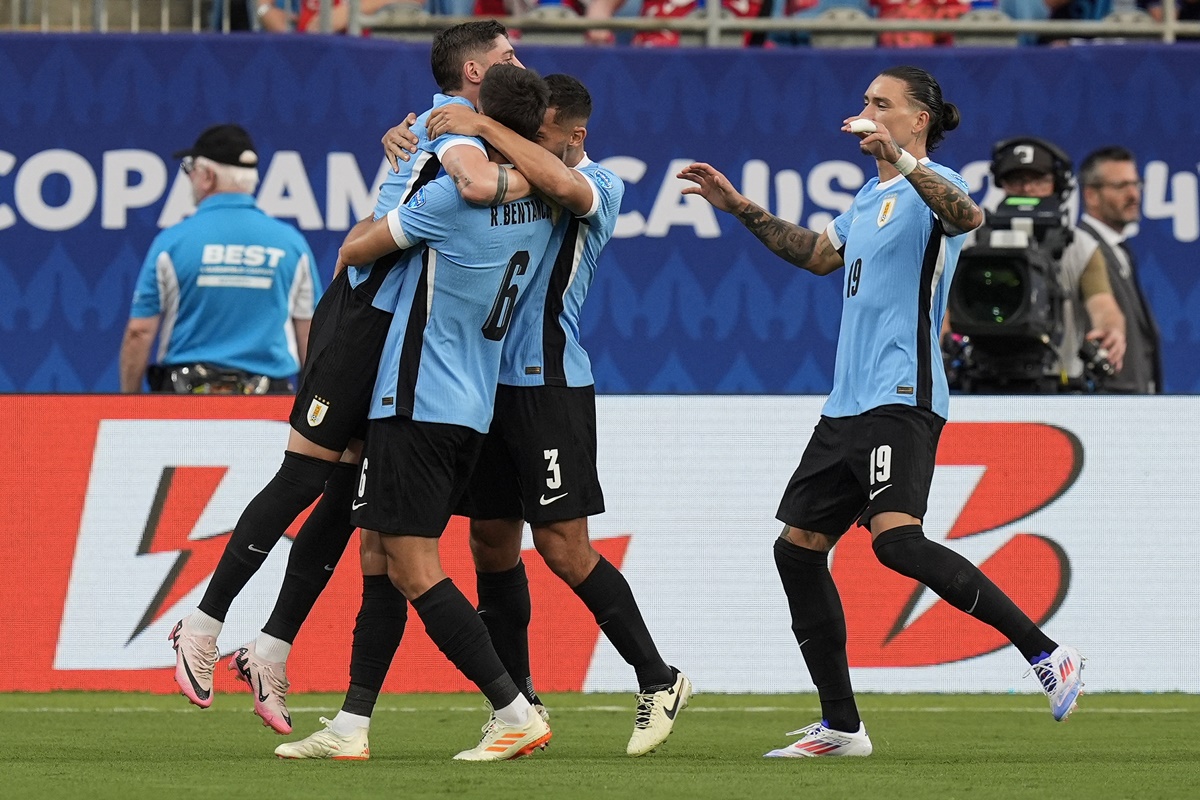 Midfielder Rodrigo Bentancur (No. 6) celebrates putting Uruguay into the lead early in the first half in the Copa America third place match against Canada at Bank of America Stadium, Charlotte, NC, USA, on Saturday.