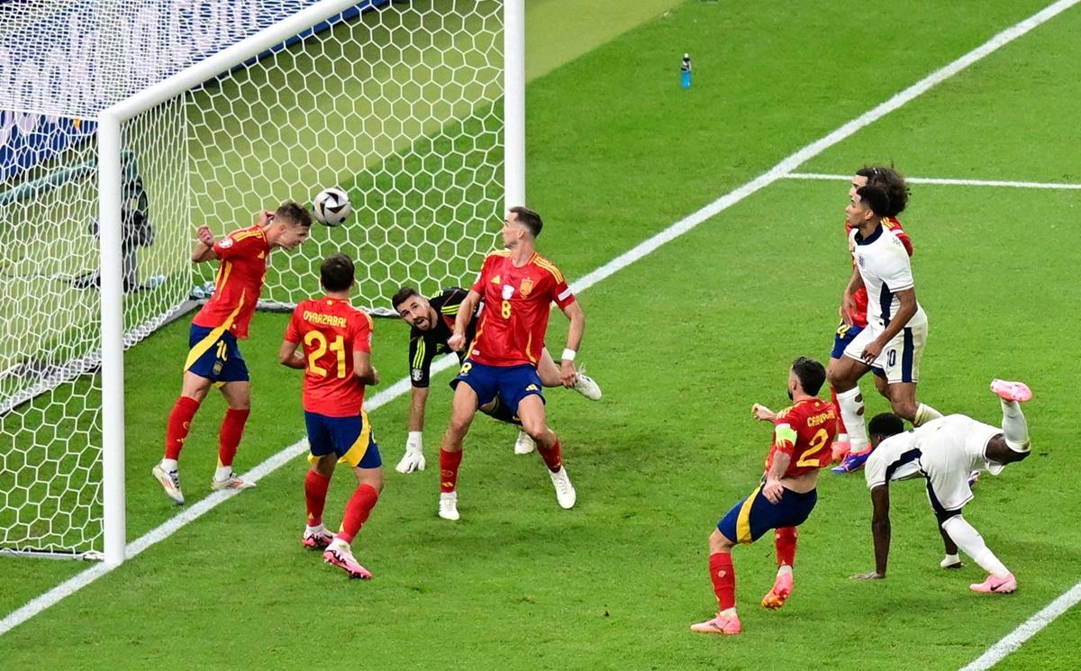 Dani Olmo heads the ball off Spain's goalline at the fag end of the match to deny England the equaliser.