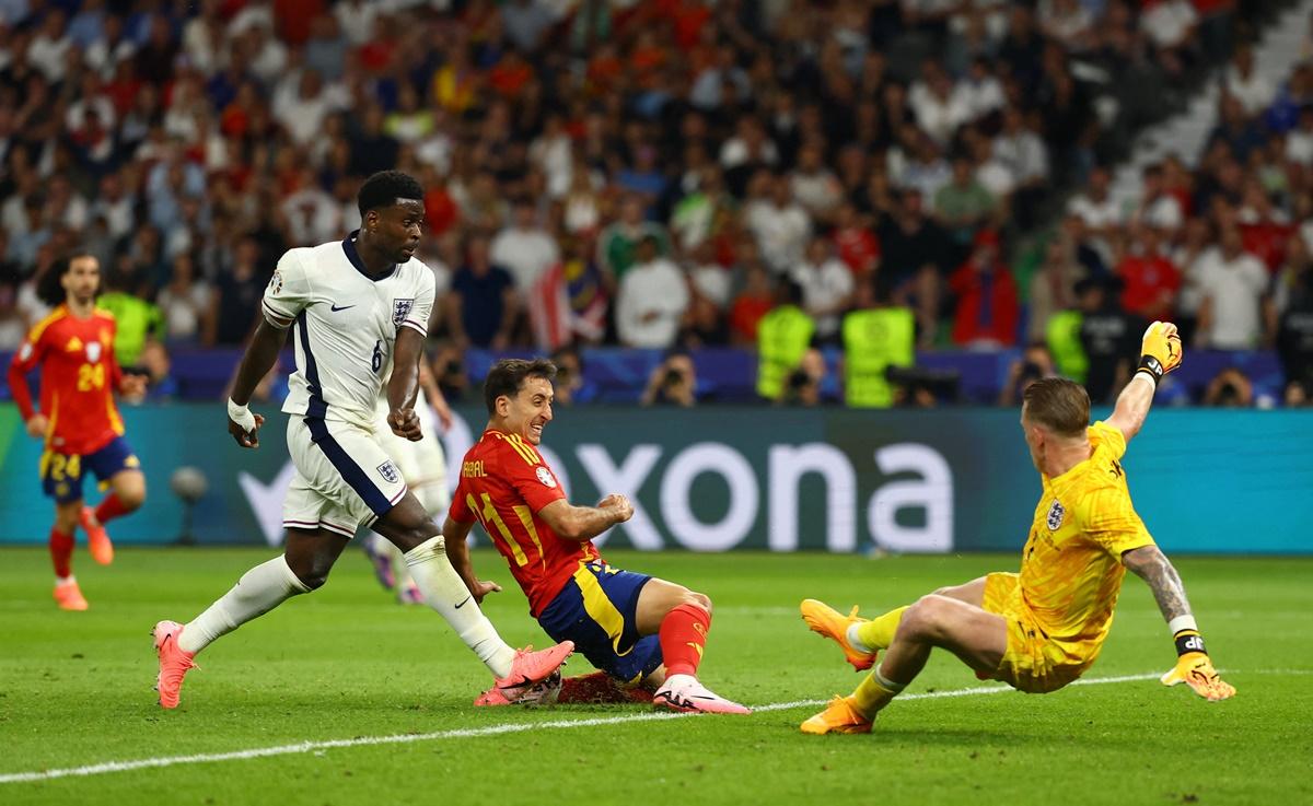 Mikel Oyarzabal slides to connect a cross from the left and send the ball past England's goalkeeper Jordan Pickford for what turned out to be the match-winner.