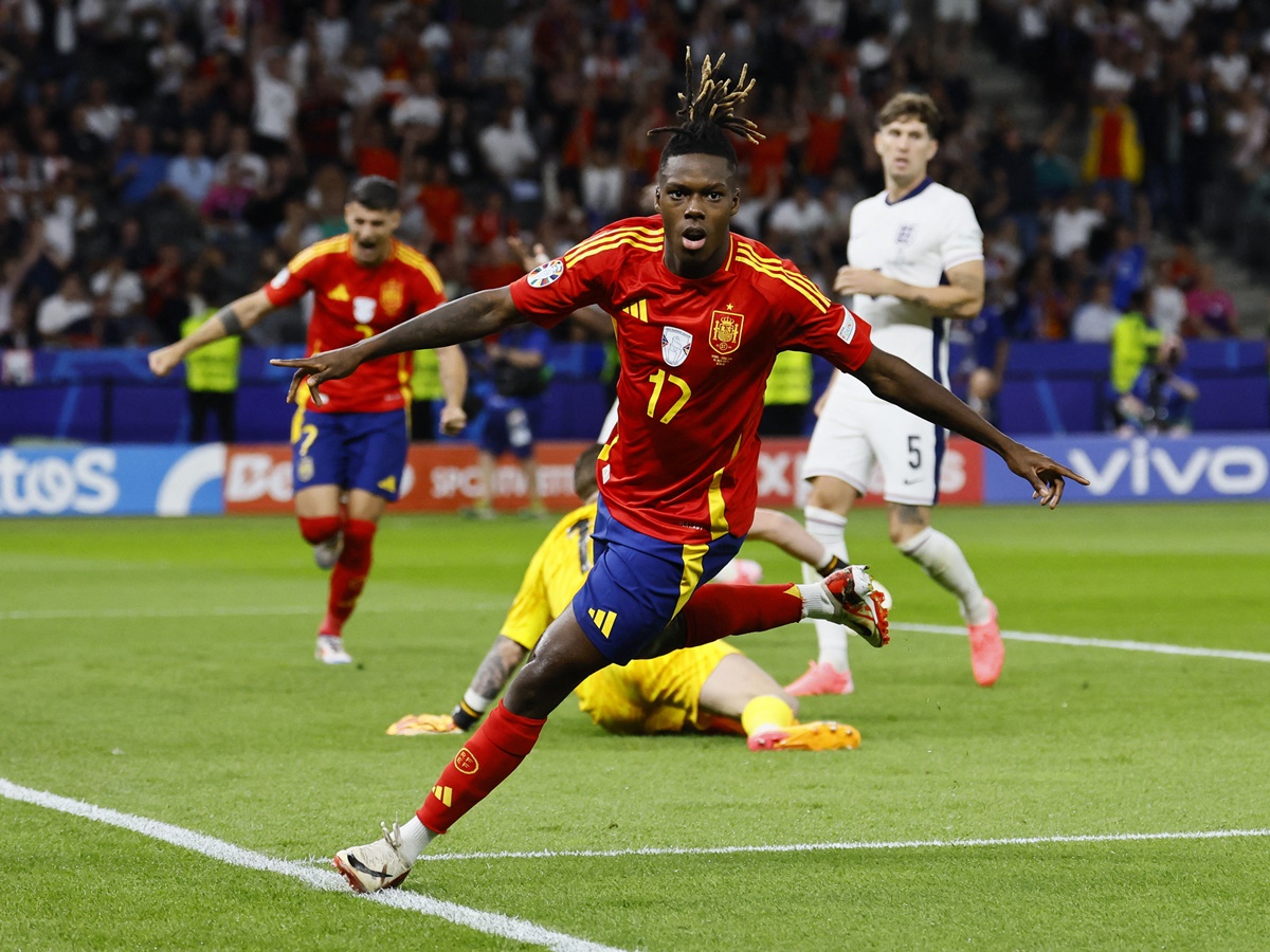 Nico Williams celebrates putting Spain into the lead in the Euro 2024 final against England at Berlin Olympiastadion, Germany, on Sunday