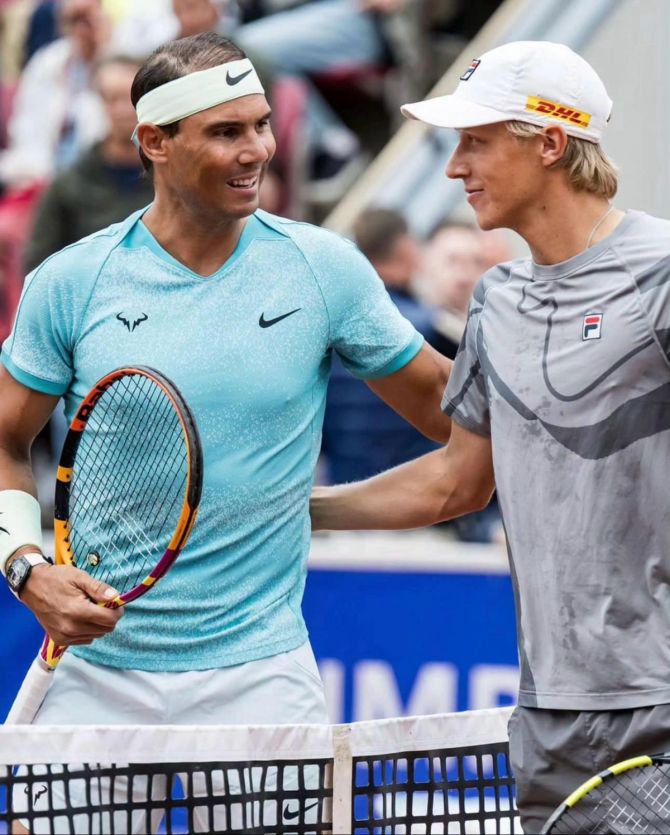 Rafael Nadal is congratulated by Leo Borg after their match at the Bastad Open on Tuesday