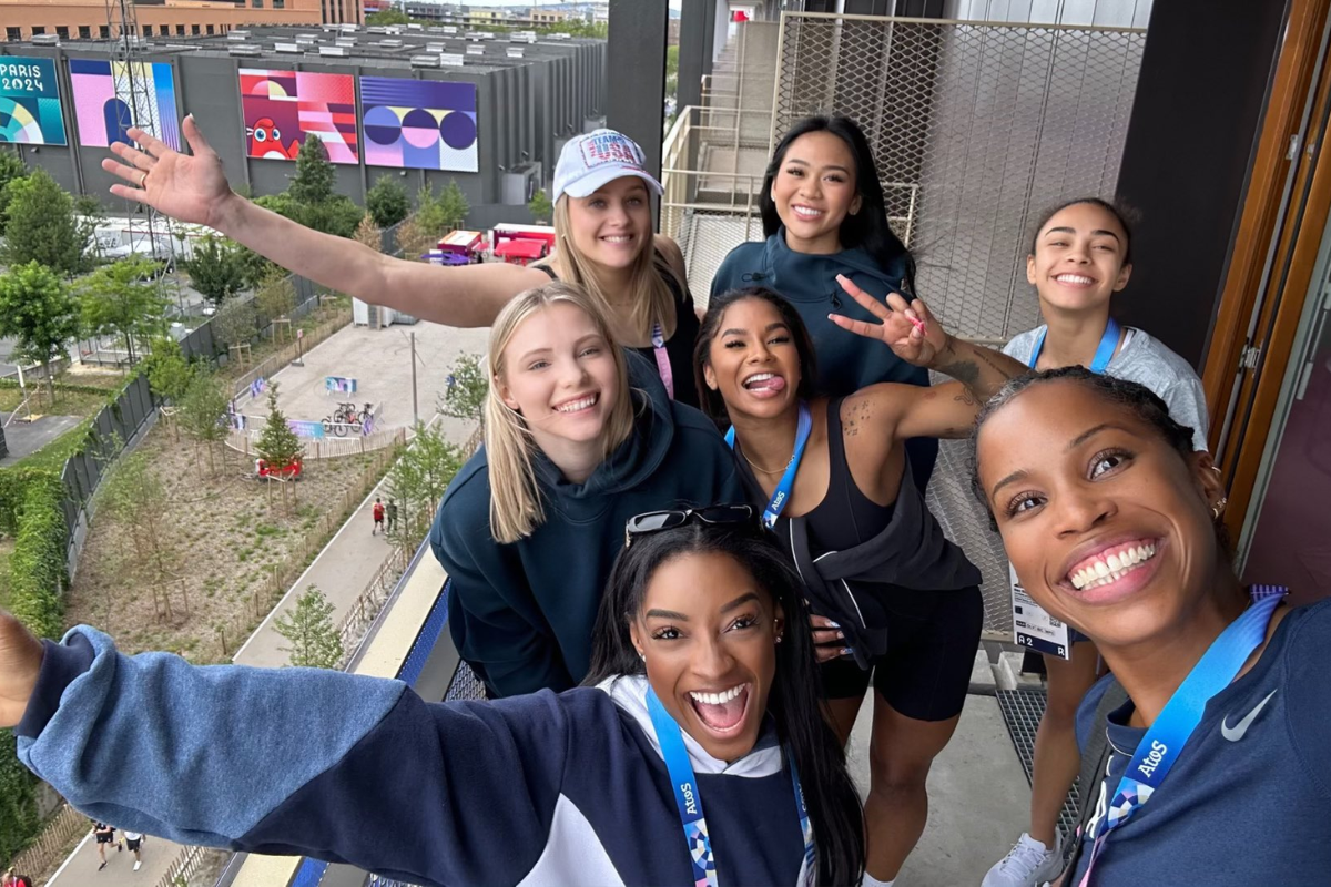 Simone Biles with her USA gymnastics teammates at the Paris Olympics Games Village