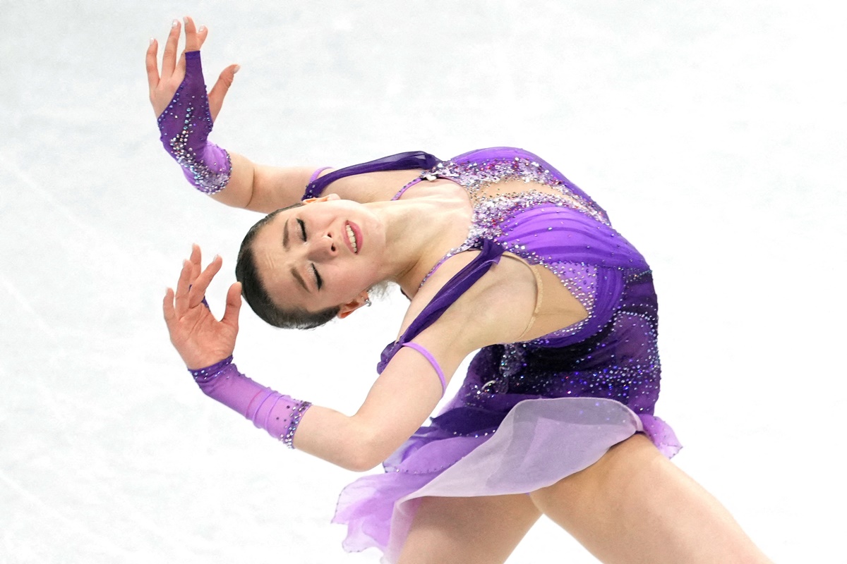 Kamila Valieva of the Russian Olympic Committee in action during the 2022 Beijing Olympics women's singles Figure Skating at Capital Indoor Stadium, Beijing, February 15, 2022.