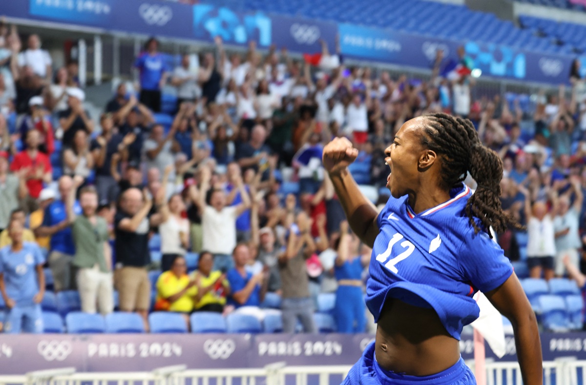 Marie-Antoinette Katoto celebrates scoring Frances's first goal in the Group A match against Colombia at Lyon Stadium, Dcines-Charpieu.