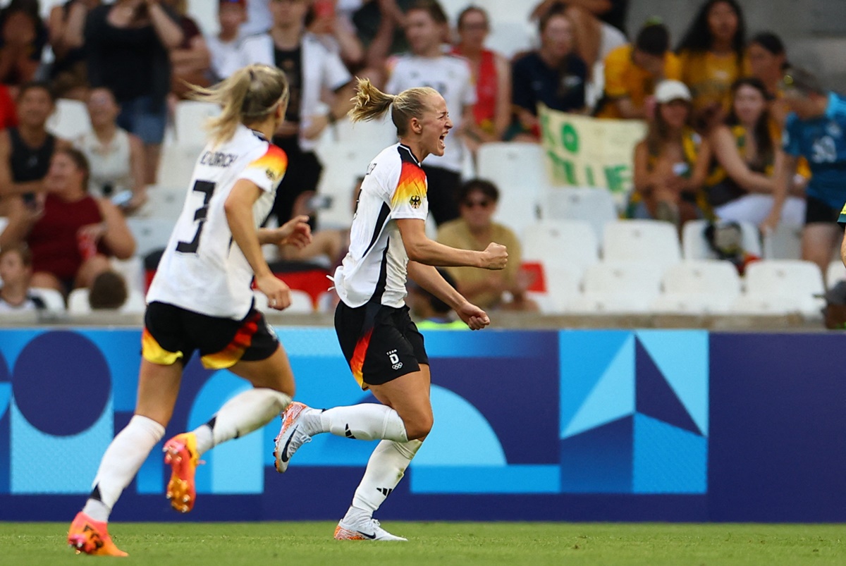 Lea Schueller celebrates scoring Germany's second goal in the Group B match against Australia at Marseille Stadium, Marseille.