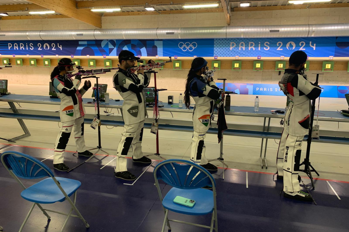 Indian shooters at a practice session at the Chateauroux range