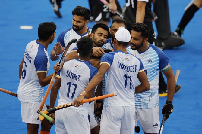 India's players celebrate a goal against New Zealand during the Olympics men's hockey match in Paris on Saturday.