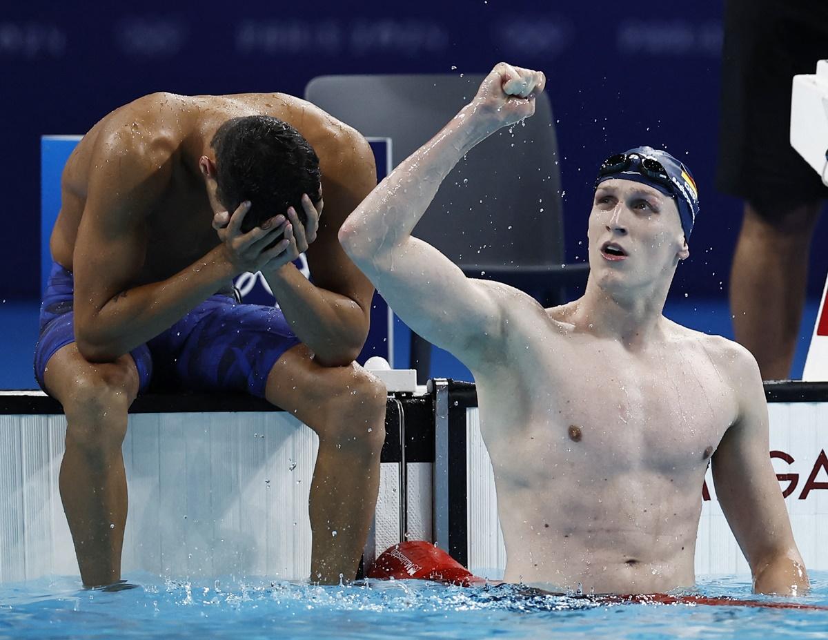 Germany's Lukas Maertens celebrates winning the Olympics men's 400m Freestyle final, at Paris La Defense Arena, Nanterre, France, on Saturday.