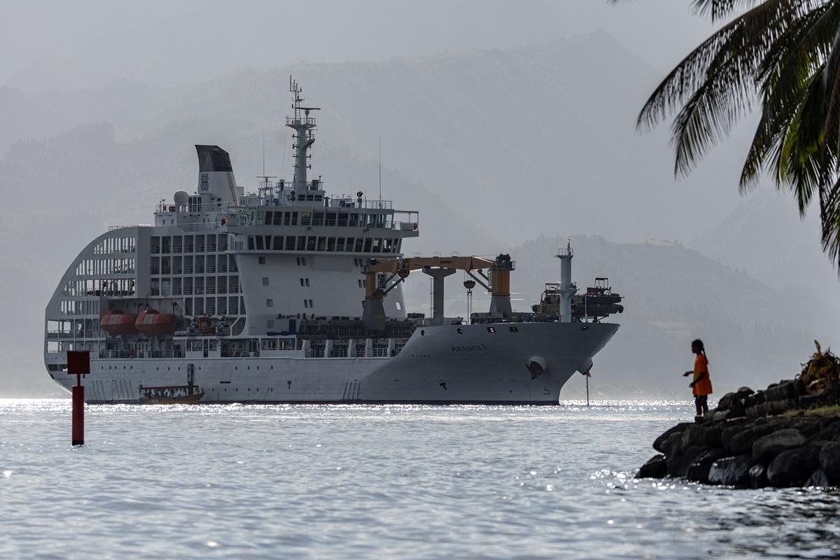 The Aranui 5, a cruise ship-cum-freighter on which some of the athletes competing at the Olympics surfing competition will stay.