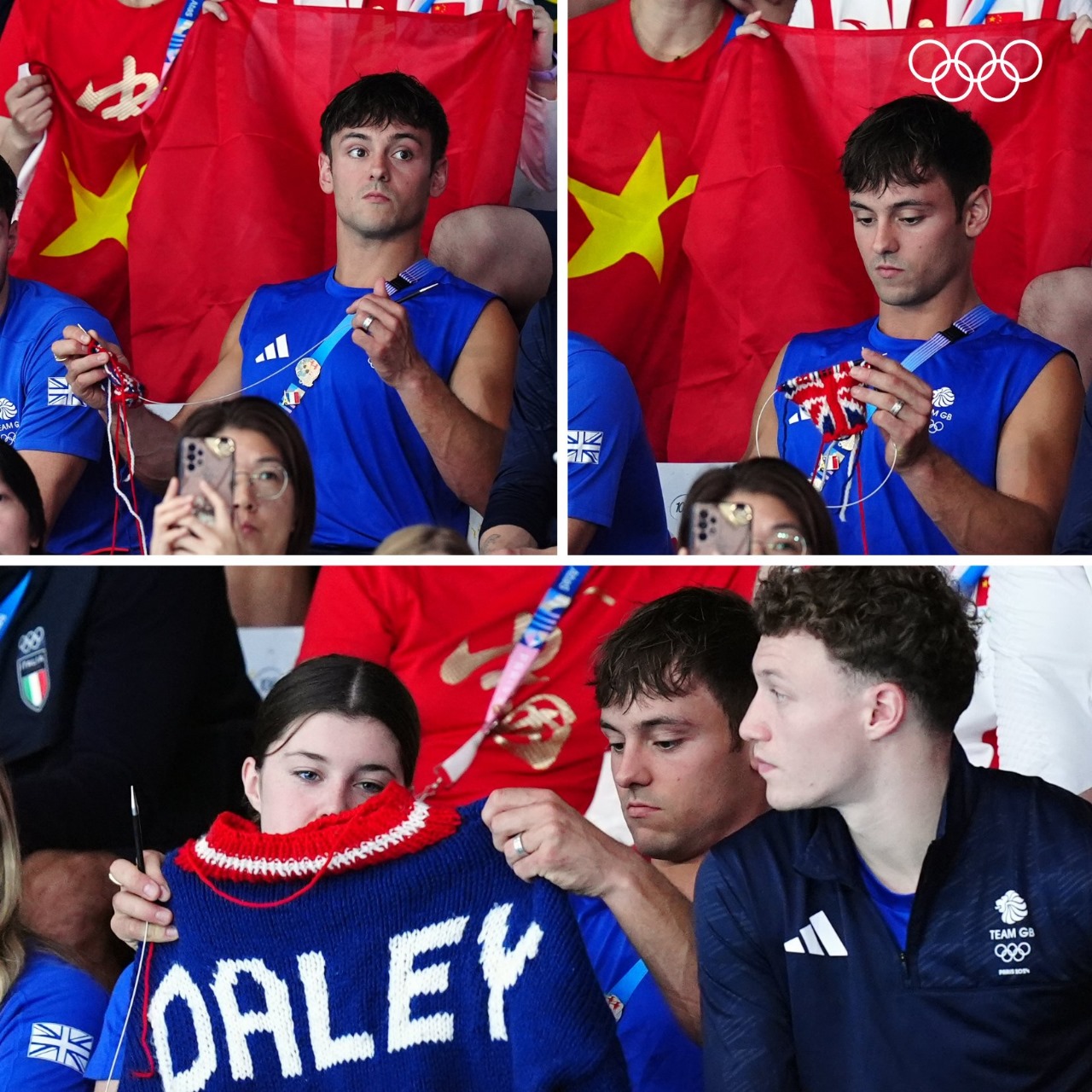 Tom Daley knits in the stands at the Paris Games on Saturday, July 27
