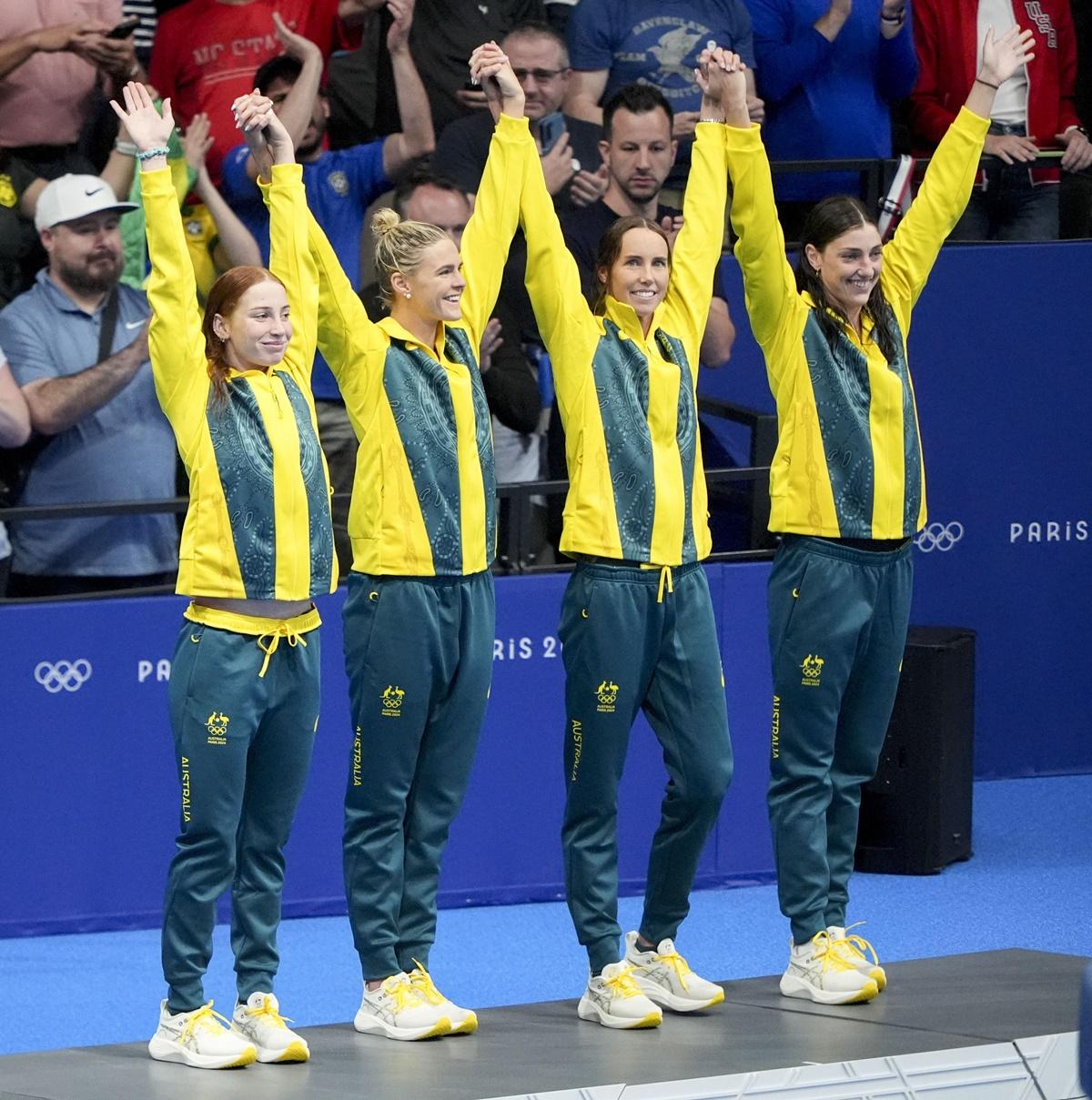 Australia's women’s 4x100m freestyle relay gold medal-winning team of Mollie O’Callaghan, Shayna Jack, Emma McKeon and Meg Harris.