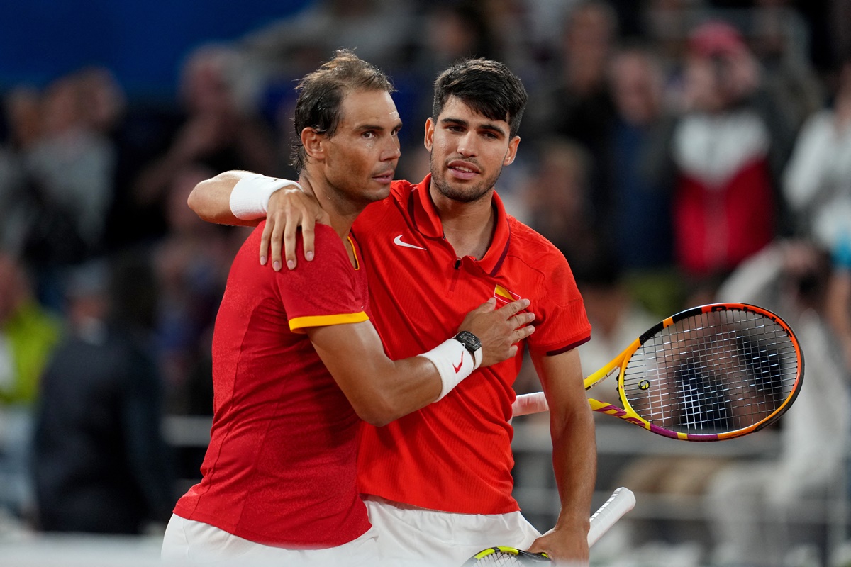Spain's Rafael Nadal and Carlos Alcaraz after their victory over Argentina's Maximo Gonzalez and Andres Molteni in the Olympics men's doubles first round match at Roland-Garros stadium, Paris, on Saturday.