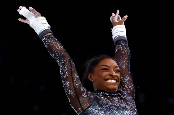 USA's Simone Biles is all smiles after her performance in the Artistic Gymnastics, Women's Qualification Subdivision 2 at Bercy Arena, Paris, on Sunday