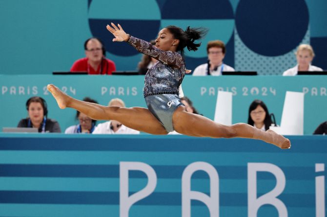 Simone Biles in action on the Floor Exercise. 