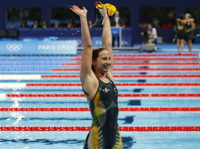 Australia's Mollie O'Callaghan reacts after winning the women's 200m Freestyle final at Paris Olympics on Monday.