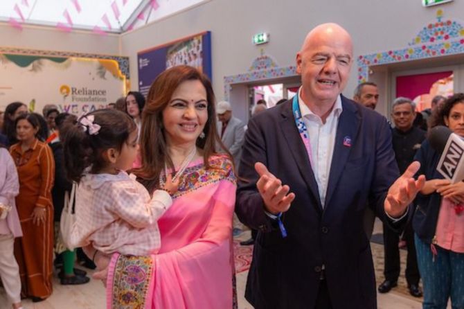 Nita Ambani, IOC member and CEO & Chairperson of Reliance Foundation with Gianno Infantino, President FIFA at the Opening Ceremony of the inaugural India House at the Paris Olympics 2024