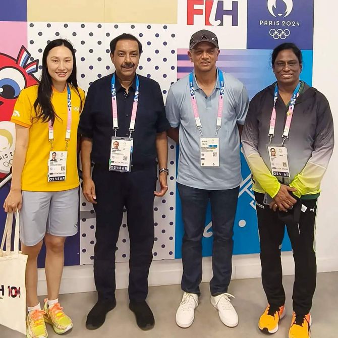 Indian Olympic Association (IOA) President PT Usha meets with Former Head Coach of the Indian Cricket team Rahul Dravid, International Hockey Federation President Tayyab Ikram and IOC Member Zang Hong, in Paris on Monday.