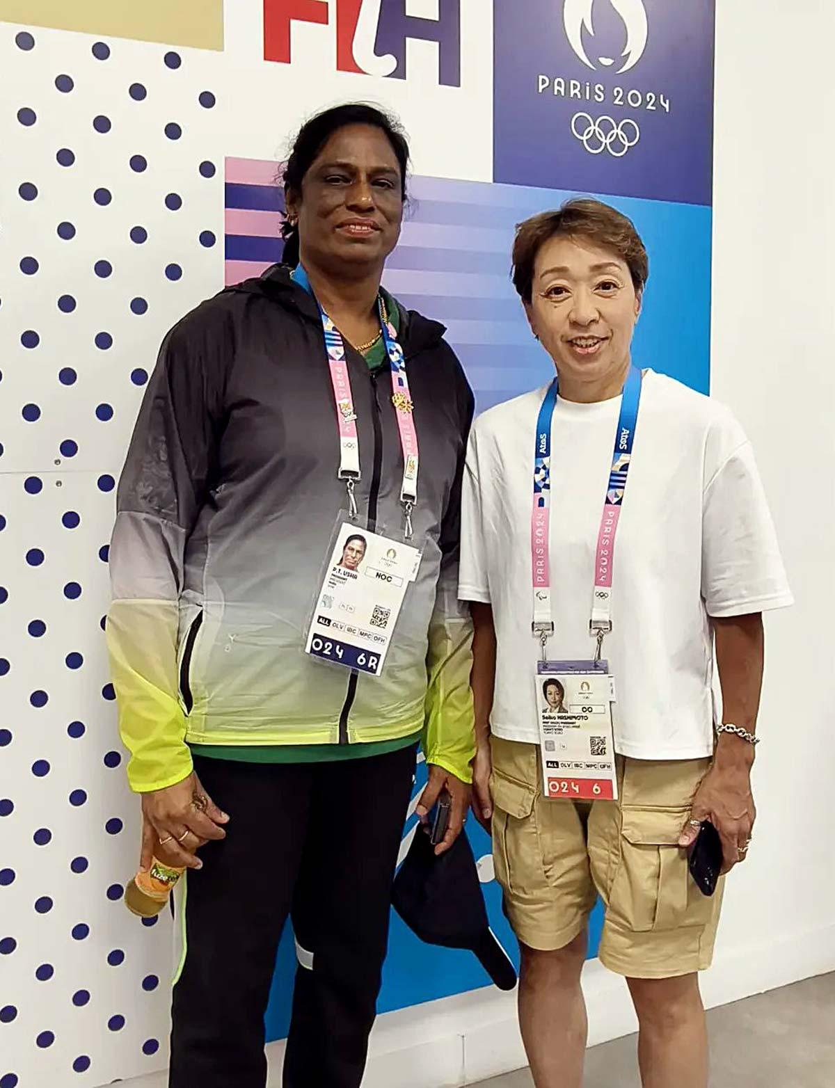  Indian Olympic Association (IOA) President PT Usha meets with the President of the Tokyo Organising Committee of Olympics Seiko Hashimoto, in Paris on Monday