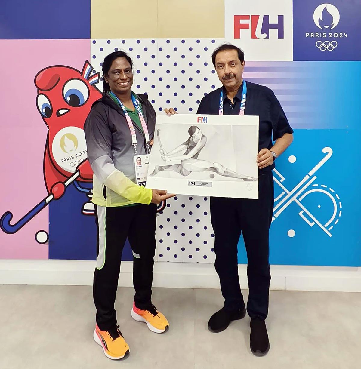 Indian Olympic Association (IOA) President PT Usha meets with International Hockey Federation President Tayyab Ikram, in Paris on Monday