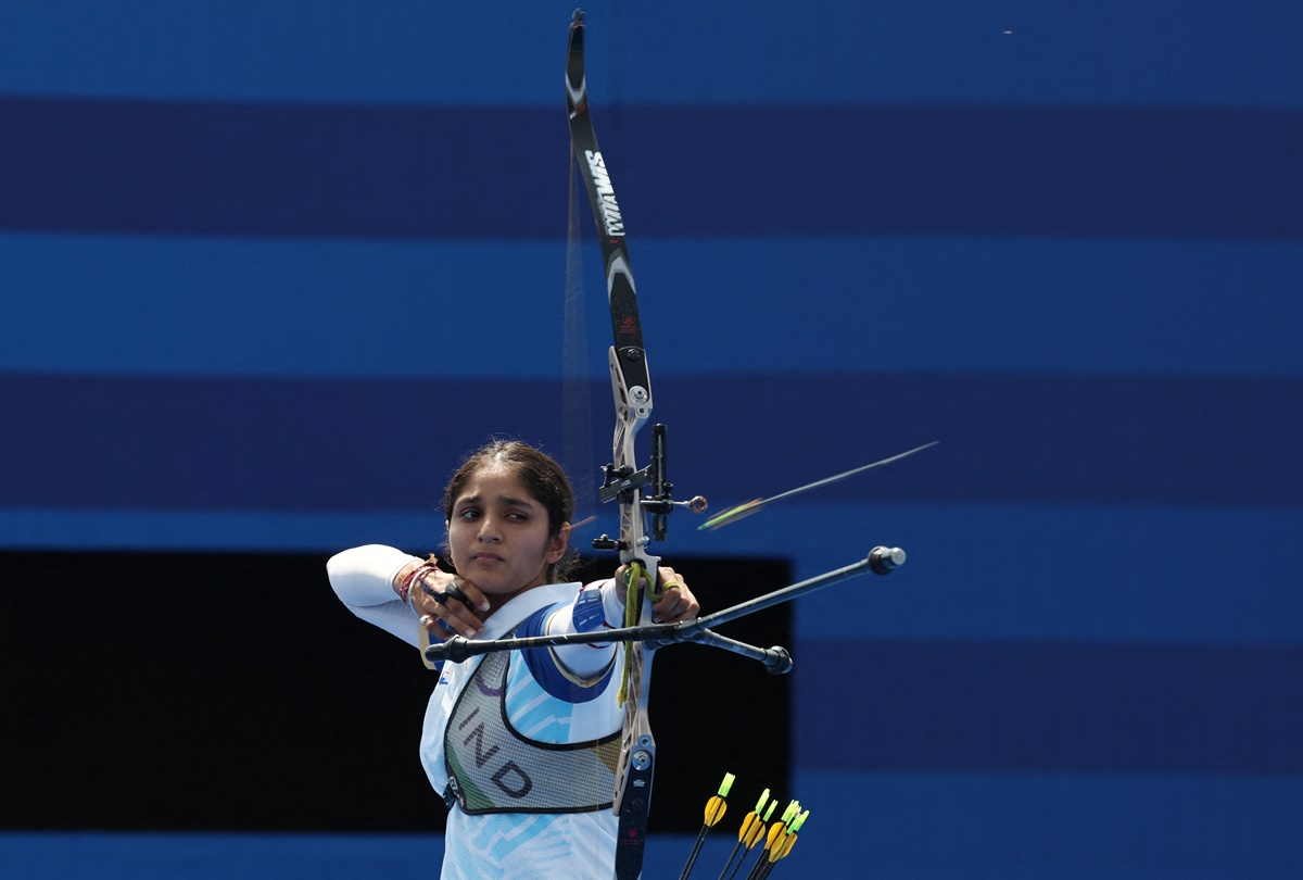 India's Bhajan Kaur in action during the Olympics archery women's Individual Round of 32 at Invalides, Paris, on Tuesday.