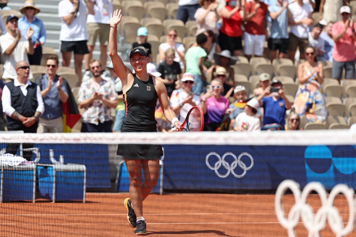 Germany's Angelique Kerber celebrates victory over Canada's Leylah Fernandez in the women's singles third round.