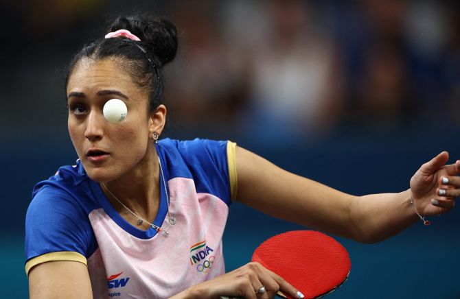 Manika Batra in action during her Olympics women's singles Round of 16 match against Miu Hirano of Japan on Wednesday.