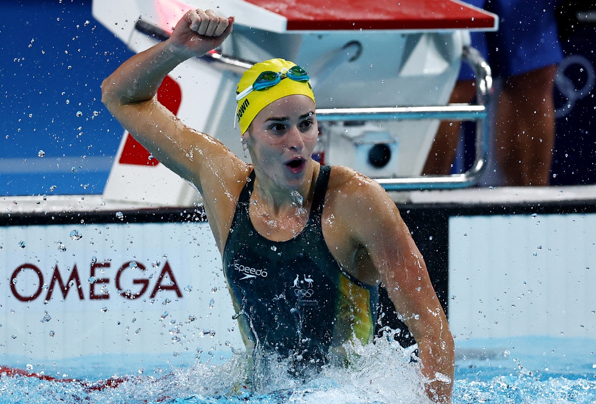 Australia's Kaylee McKeown reacts after winning the Olympics women's 100m Backstroke final at Paris La Defense Arena, Nanterre, on Tuesday.