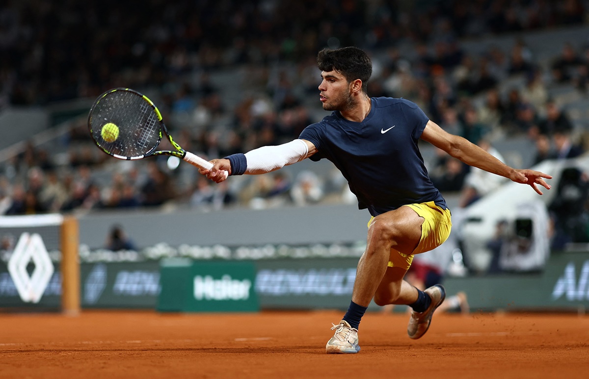 Spain's Carlos Alcaraz in action during his French Open third round match against Sebastian Korda of the United States at Roland Garros, Paris, France, on Friday.