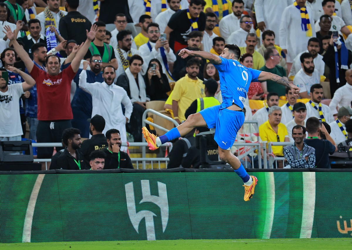 Aleksandar Mitrovic celebrates putting Al Hilal ahead in the match.