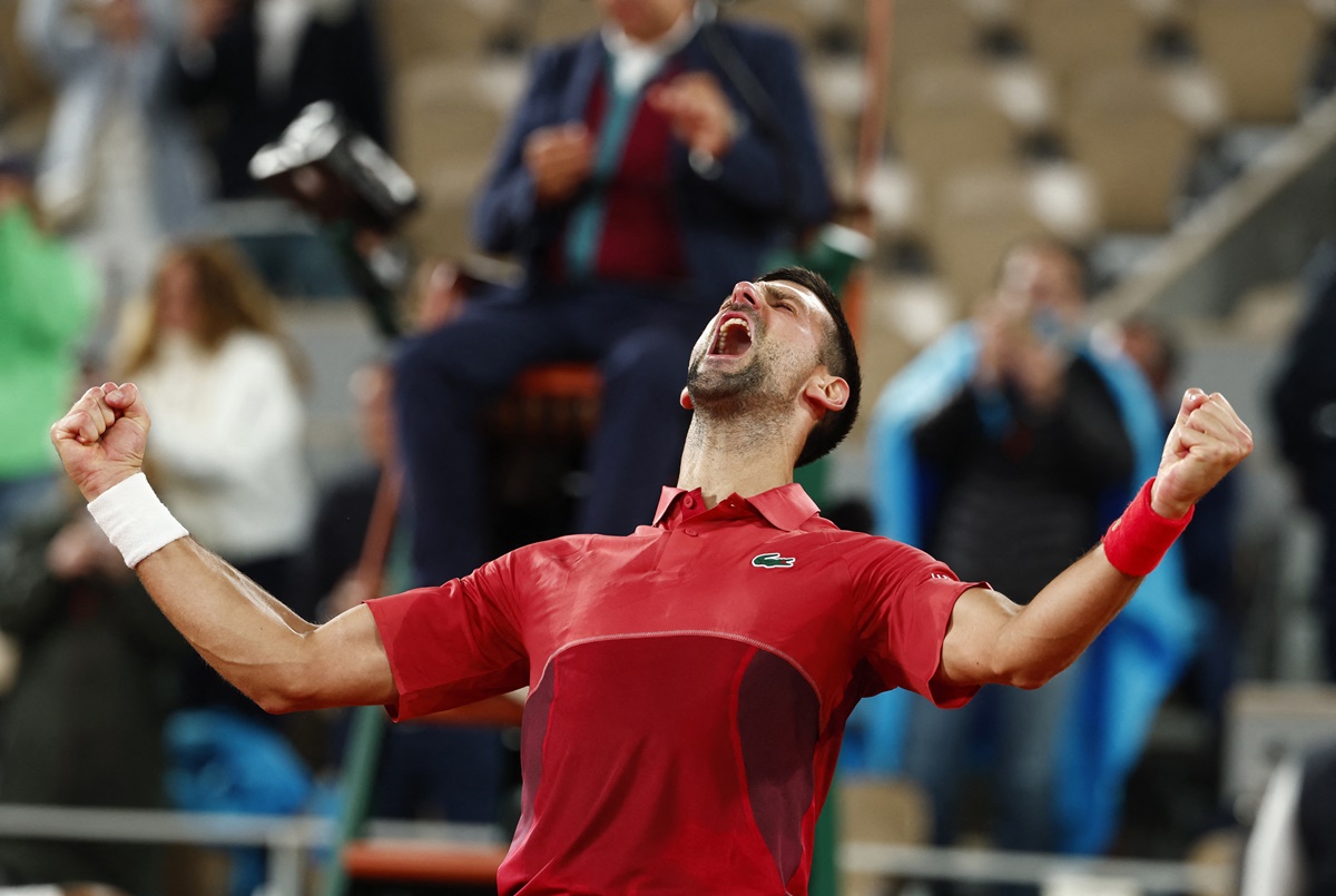 Serbia's Novak Djokovic celebrates victory over Italy's Lorenzo Musetti in the third round of the French Open at Roland Garros, Paris, on Saturday.