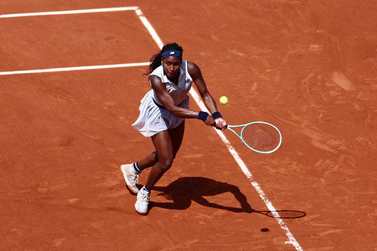 Coco Gauff in action during her quarter final match against Tunisia's Ons Jabeur