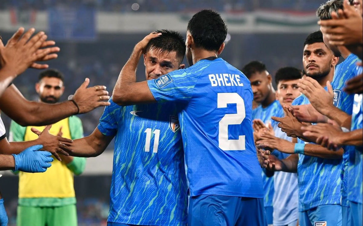 A teary-eyed Sunil Chhetri walks past a guard of honour from his India teammates after his farewell match in Kolkata on Thursday 