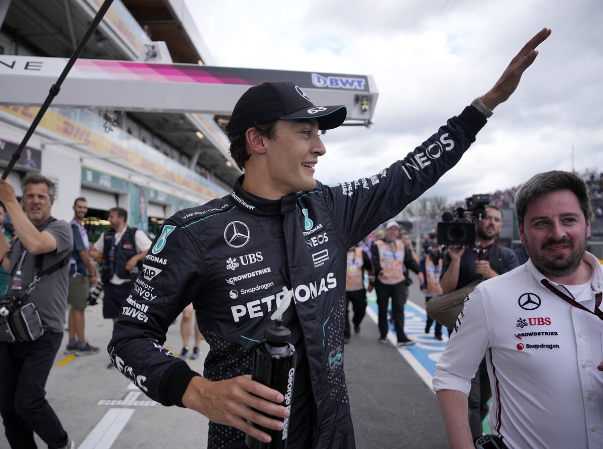Mercedes driver George Russell celebrates qualifying in pole position for the Formula One Canadian Grand Prix, at Circuit Gilles Villeneuve, Montreal, on Saturday.