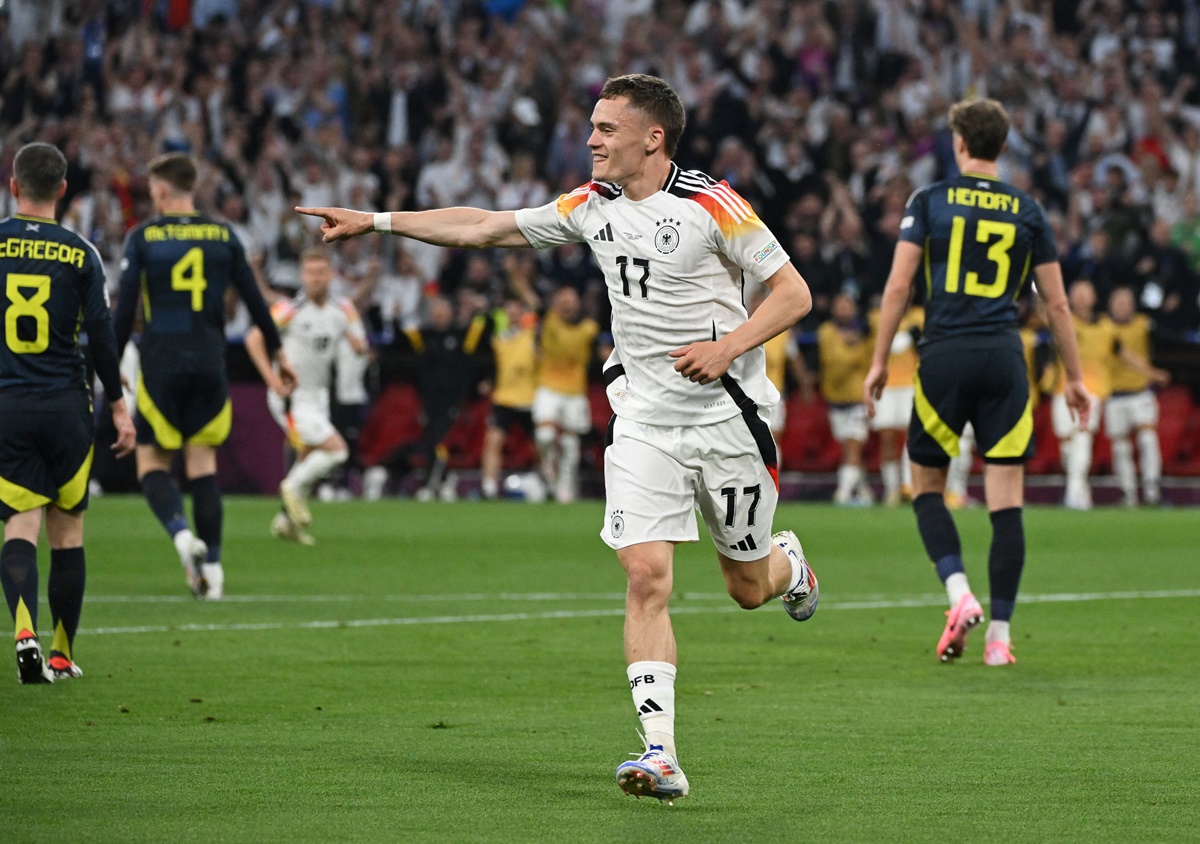 Florian Wirtz celebrates putting Germany ahead in the Euro 2024 Group A match against Scotland at Munich Football Arena, Munich, on Friday. 