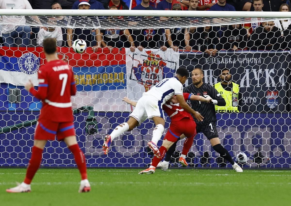 Jude Bellingham heads the ball home in the 13th minute for what turned out to be England's match-winner in the Euro 2024 Group C match against Serbia, at Arena AufSchalke, Gelsenkirchen, Germany, on Sunday.