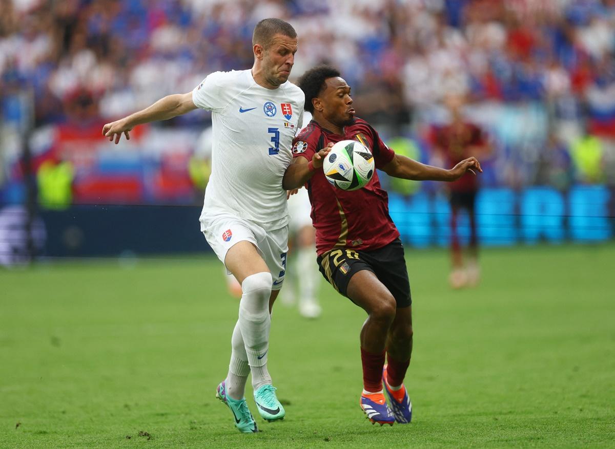 Belgium's Lois Openda handles the ball before his cross for Romelu Lukaku to score a goal that was disallowed following a VAR review in Monday's Euro 2024 Group E match against Slovakia, at Frankfurt Arena, Frankfurt, Germany.