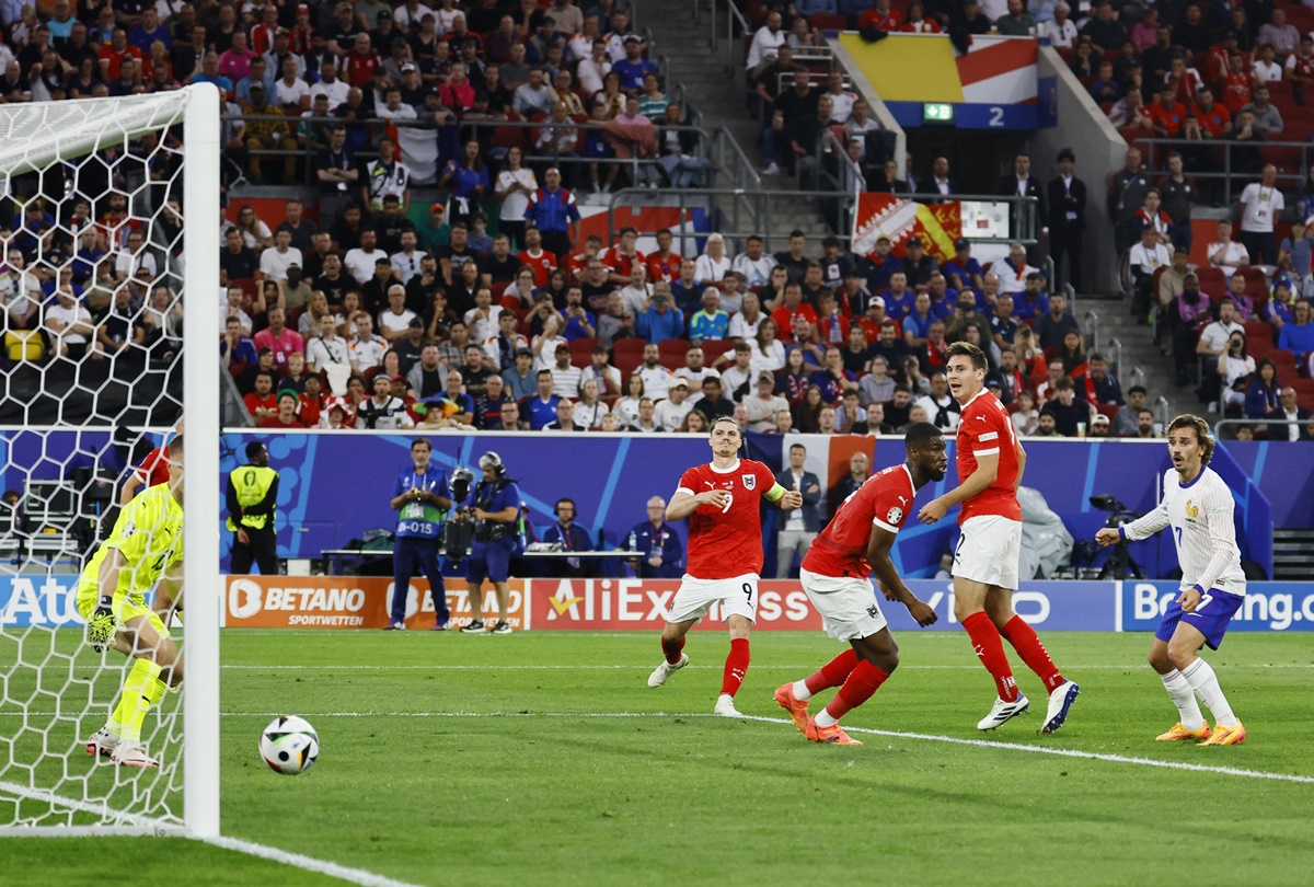 Austria's Maximilian Wober watches as a cross from Kylian Mbappe deflects off his head into his own goal during the Euro 2024 Group D match against France at Dusseldorf Arena, Dusseldorf, Germany, on Monday.