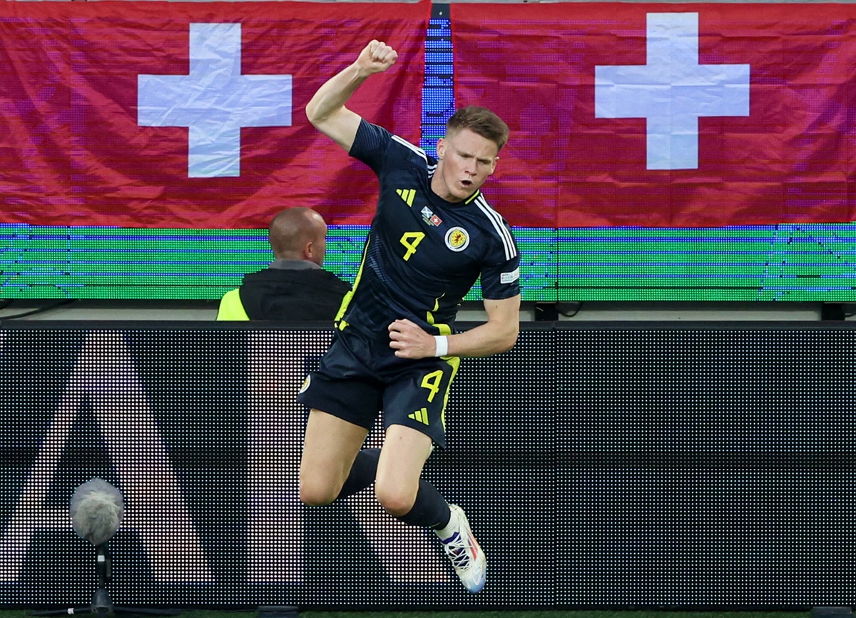 Scott McTominay celebrates putting Scotland ahead in the match.