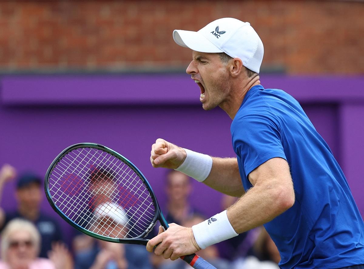 Britain's Andy Murray celebrates victory over Australia's Alexei Popyrin in the Queen's Club Championships Round of 32 match at Queen's Club, London, on Tuesday.