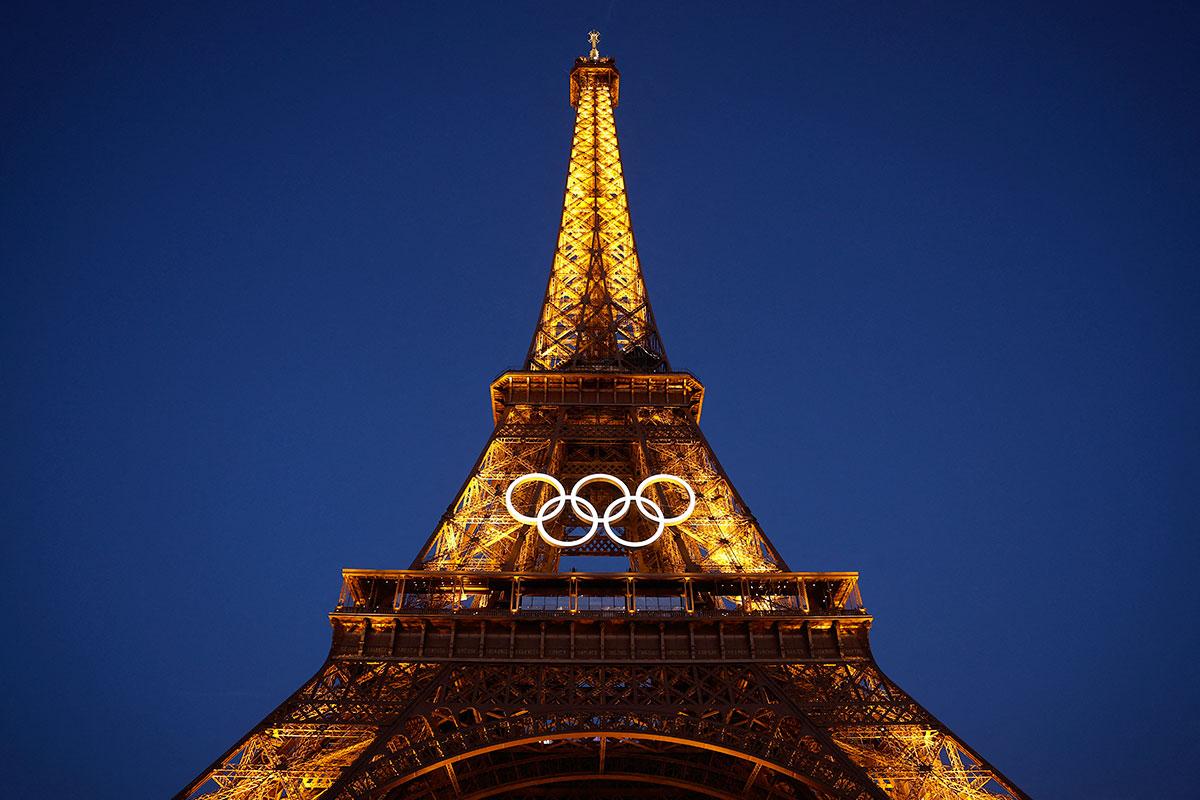 he Olympic rings displayed on the first floor of the Eiffel Tower ahead of the Paris 2024 Olympic Games,