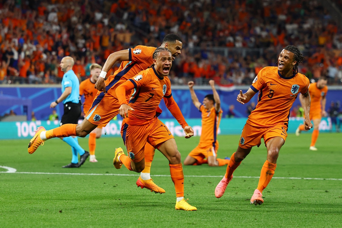 Xavi Simons celebrates scoring for The Netherlands' but the goal was later disallowed. 