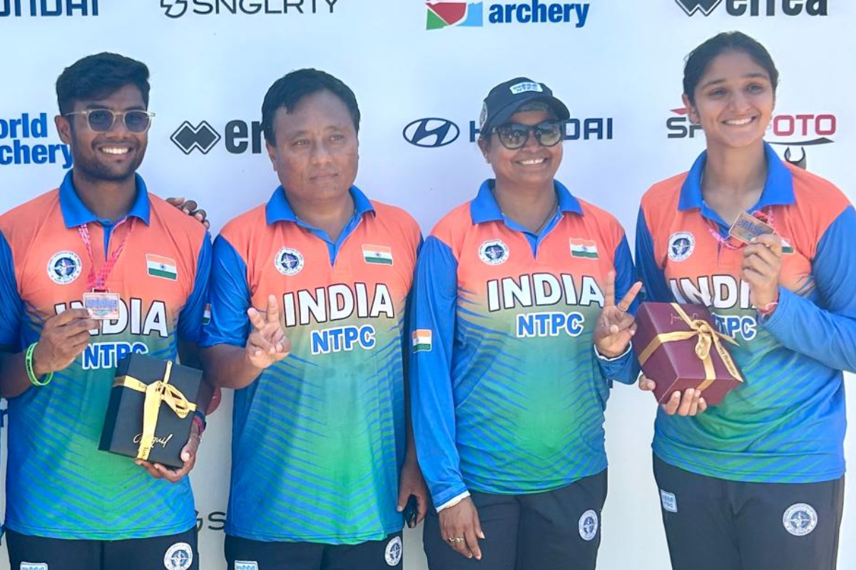 India's mixed doubles pair of Bhajan Kaur (extreme right) and Dhiraj Bommadevara (left) clinch the bronze medalin the Recurve Mixed team event after beating Mexico 5-3, at the Archery World Cup, in Antalya, Turkey, on Sunday.