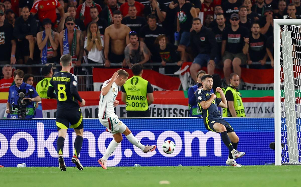 Kevin Csoboth scores from almost the last kick of the Euro 2024 Group A match to earn Hungary victory over Scotland at Stuttgart Arena, Stuttgart, Germany, on Sunday.