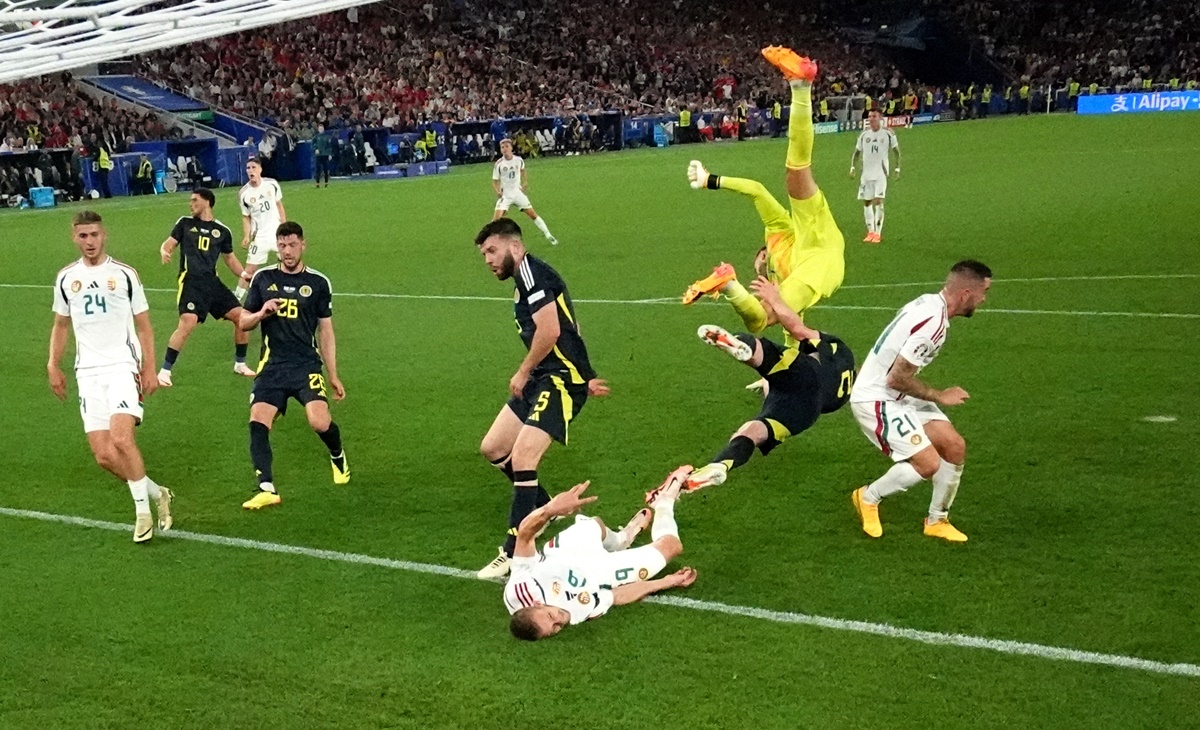 The match was paused for a lengthy period following a horrible clash between Scotland goalkeeper Angus Gunn and Barnabas Varga.