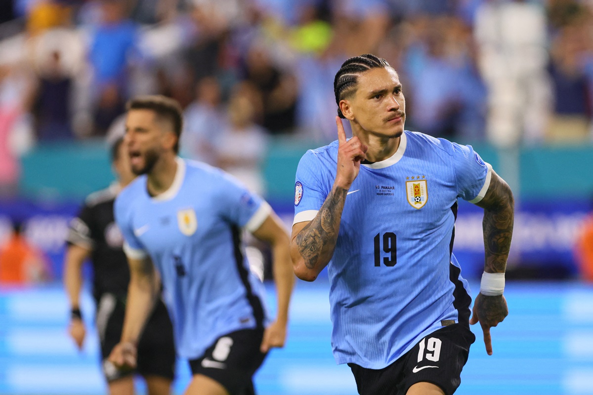 Uruguay forward Darwin Nunez (No. 19) celebrates after scoring against Panama in Florida.