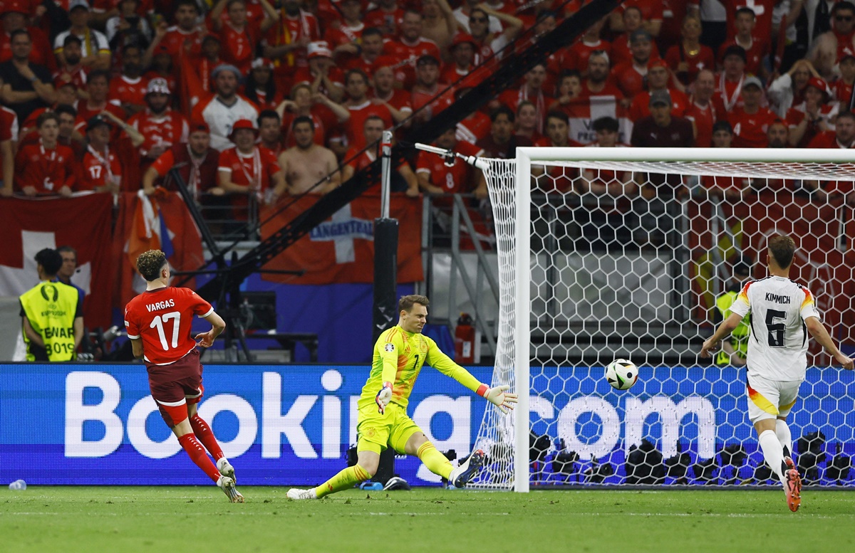 Switzerland's Ruben Vargas scores a goal that was later disallowed.
