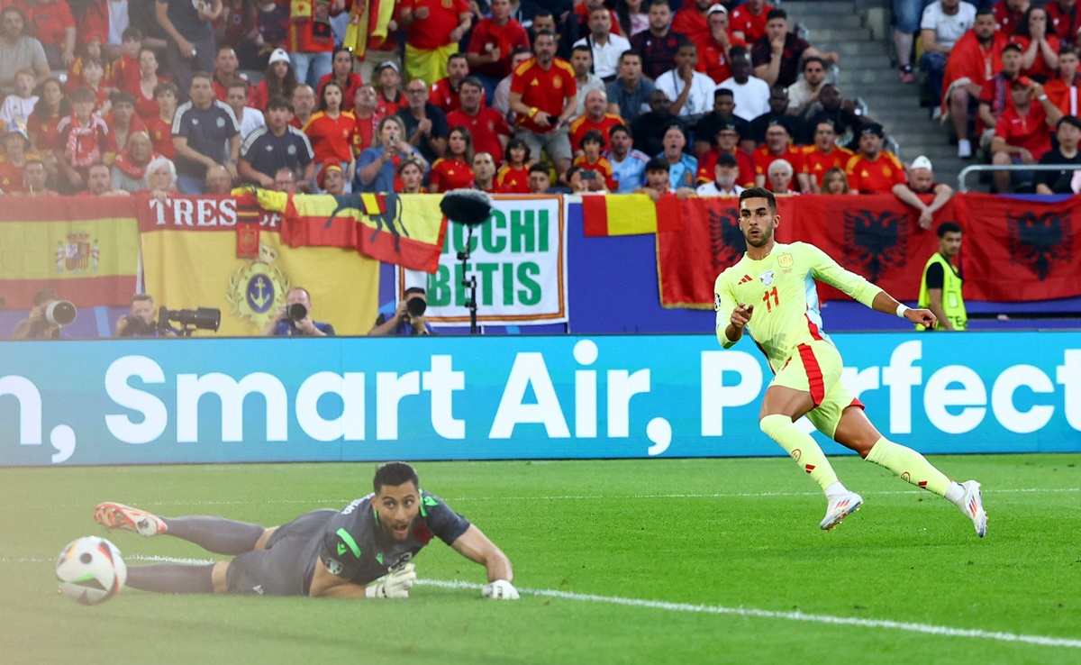 Ferran Torres sends the ball past Albania's goalkeeper Thomas Strakosha in the Euro 2024 Group B match at Dusseldorf Arena, Dusseldorf, Germany, on Monday.