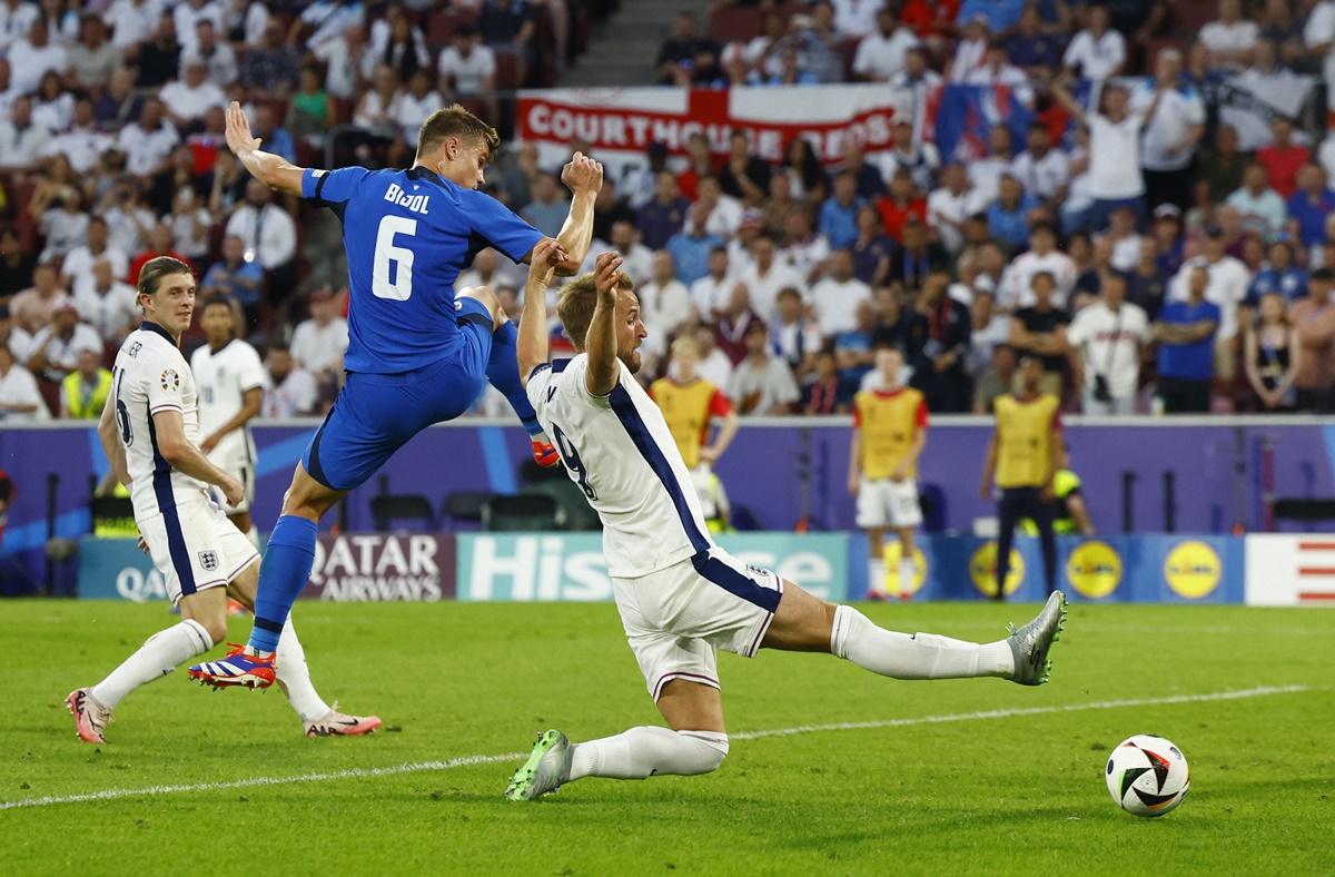 England's Harry Kane misses a chance to score druing the Euro 2024 Group C match against Slovenia at Cologne Stadium, Germany, on Tuesday.