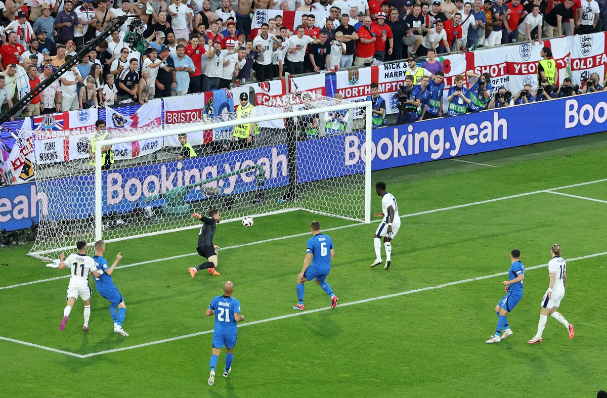 England's Bukayo Saka scores a goal that was later disallowed.